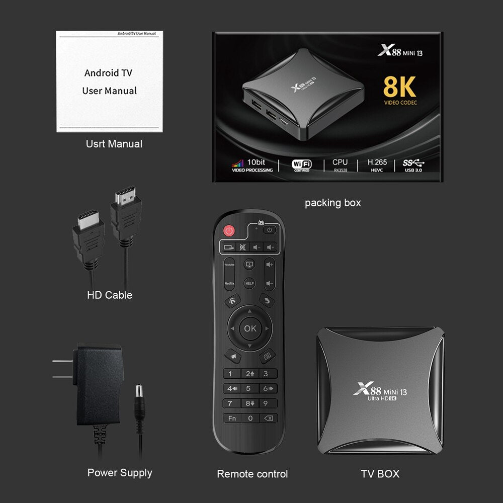 X88 Mini 13 Android 13.0 TV Box RK3528 Quad Core 2G/16G 4G/32G 2.4G 5G Dual WIFI H.265 8K UHD Youtube Smart Media Player