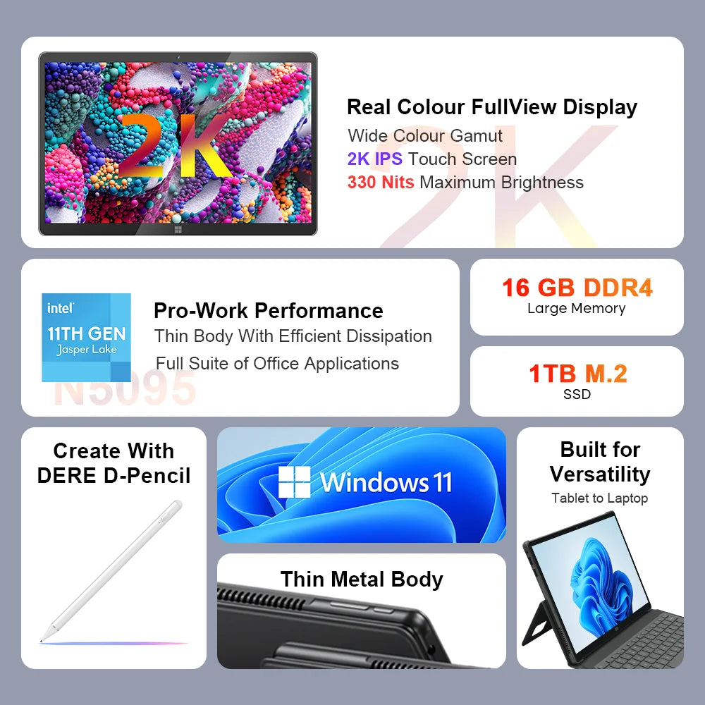 DERE Laptops T30 Pro ,13-inch 2K IPS Touch Screen,16GB RAM+ 1TB SSD,Office Learning Computer,Ultrabook Windows 11 Notebook