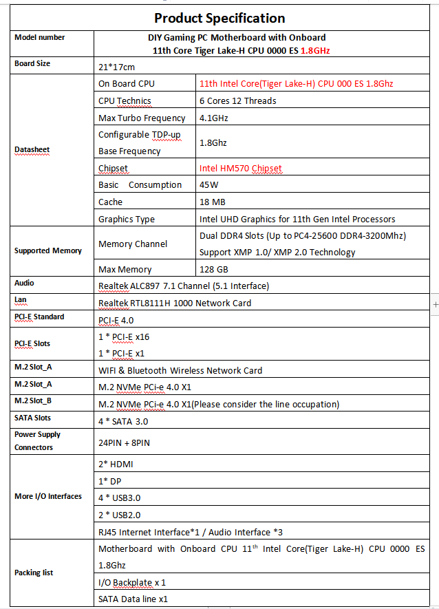 ERYING DIY Desktop Motherboard with Onboard 11th Core CPU 0000 ES 1.8GHz-4.5GHz 6C12T 18MB Cache(Refer To i7 11600H) Gaming PC