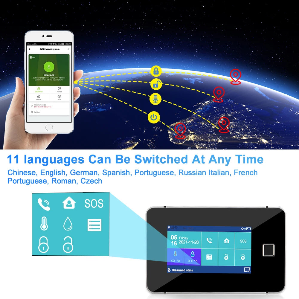 Camaroca Tuya WiFi Alarm System GSM Smart Home Security Wireless Sensor Touch Screen Fingerprint Alarm Kit Works With Alexa