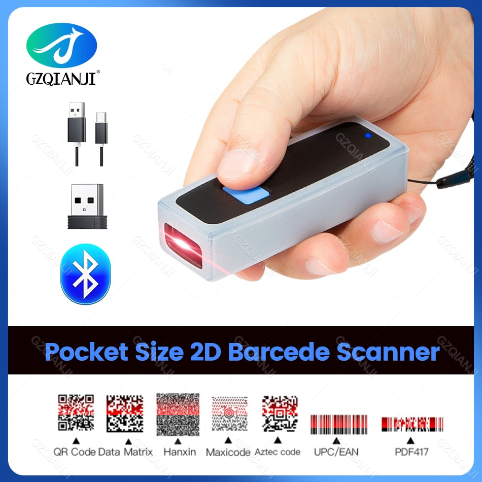 GZQIANJI Mini Bluetooth Barcode Scanner USB Wired Bluetooth 2.4G Wireless 1D 2D QR PDF417 Bar code for iPad Phone Android Tablet