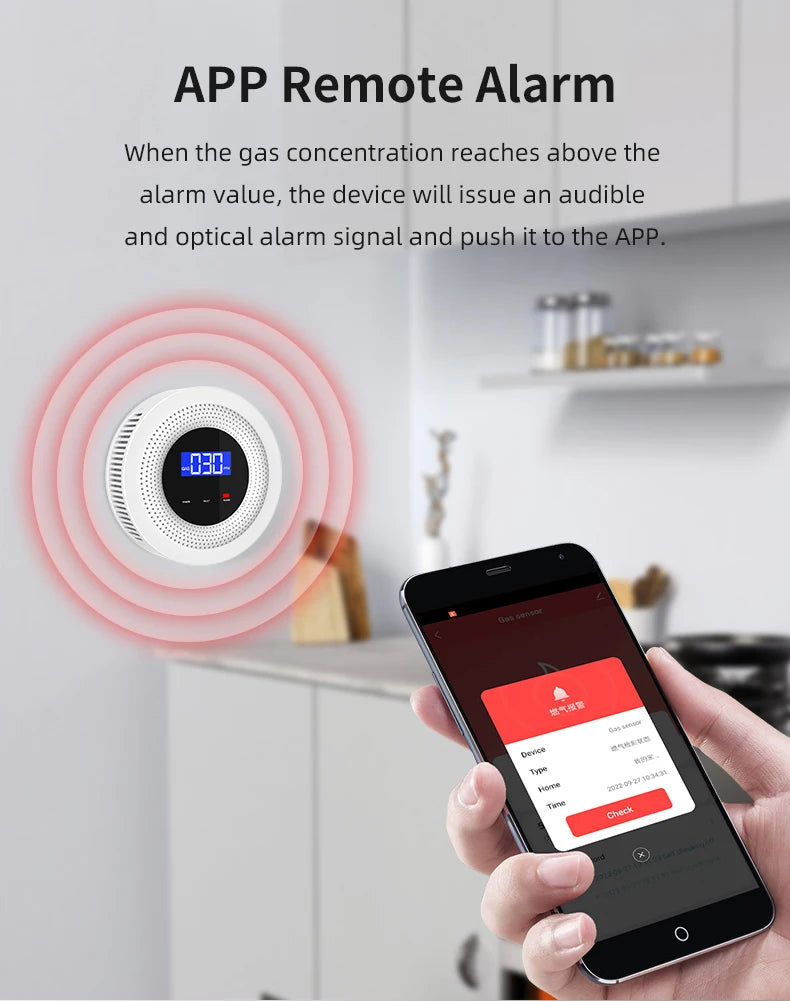 Tuya WiFi gas leak detector leakage of LPG gas sensor alarm sound and 433 MHZ remote control intelligent household security prot
