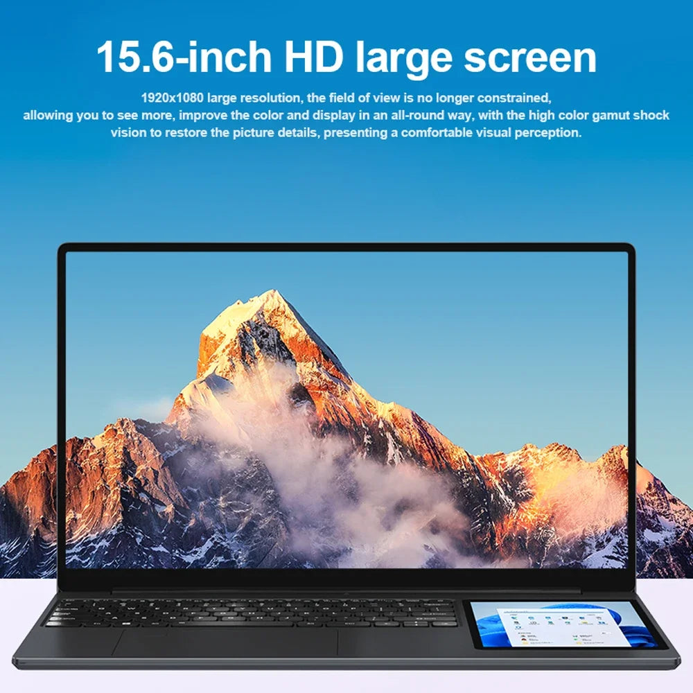 The first Dual Screen Laptop 15.6-inch+7-inch Touch Screen 2K HD Screen Windows11 Intel 11th Generation N95 RAM 16G SSD Computer