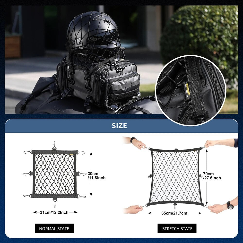 Rhinowalk Motorcycle Luggage Helmet Net Mesh Universal Motor Elastic Helmet Holder Storage Mesh WIth 8 Plastic/ Metal Hooks