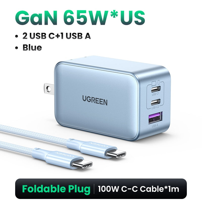 UGREEN 65W GaN Charger Blue Quick Charge Type C PD USB Charger for iPhone 14 13 12 Pro Max Fast Charger For Laptop PD Charger