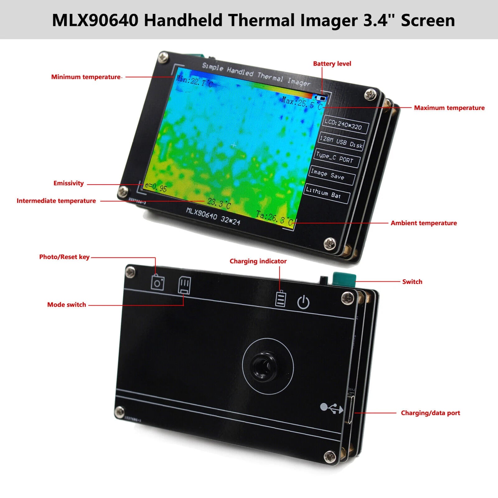 Mlx90640 Infrared Thermal Imager  Camera For Electronics Repairs JP USB Type-C 5V/1A Temperature Humidity Instruments