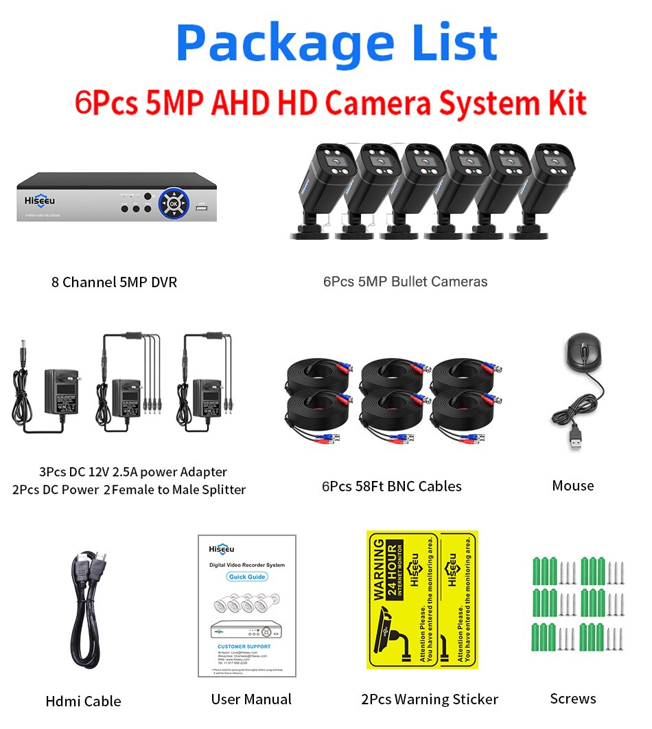Hiseeu 8CH CCTV Camera Security System Kits 5MP AHD Surveillance Cameras DVR Set Face Detect Infrared Night Vision XMEye Pro