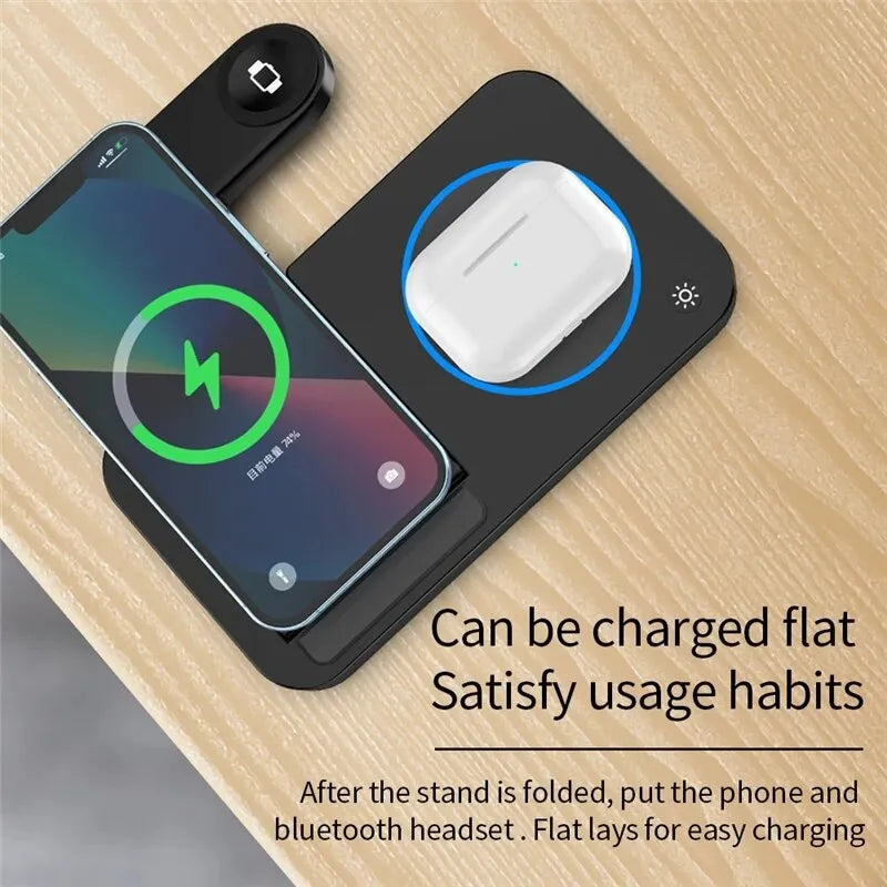 4 In 1 Foldable Fast Wireless Charging Station For iPhone 14 13 12 Apple Watch 7/6 Samsung S22 S21 Galaxy Watch Chargers Stand