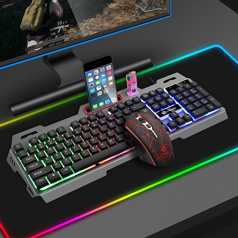 Metal Luminous Computer Keyboard And Mouse Suit USB Wired Game Colorful Backlight Mechanical Feel Keyboard And Mouse