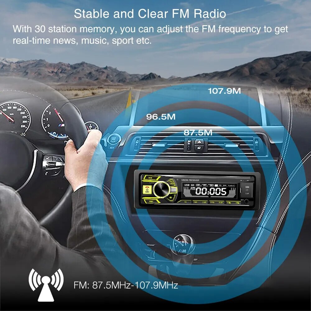 Grandnavi 1 Din FM Car Radio Audio Stereo Aux Input Receiver TF SD USB 12V In-dash MP3 Bluetooth Multimedia Auto Radio Player