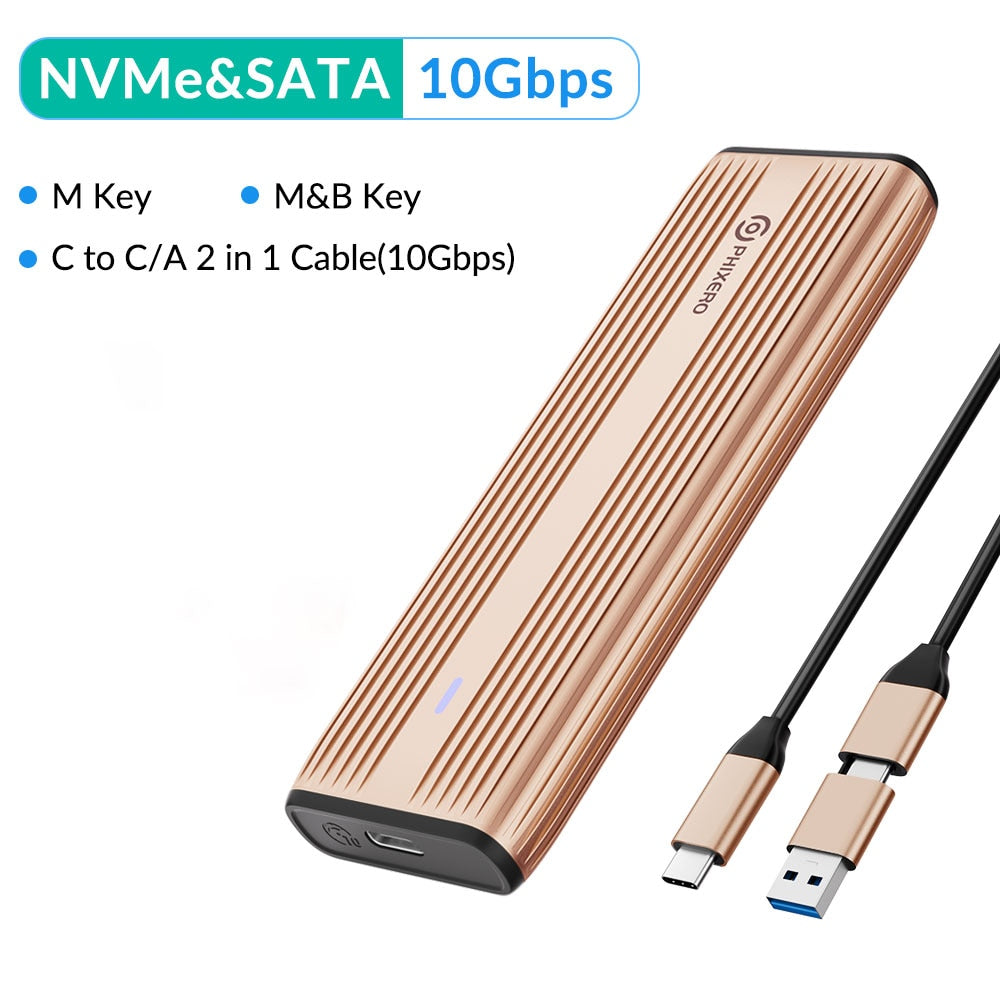PHIXERO M.2 NVMe SATA SSD Enclosure Dual Portocol NVMe to USB Adapter 10Gbps USB 3.1 Gen2 USB C External Case Box Aluminum alloy