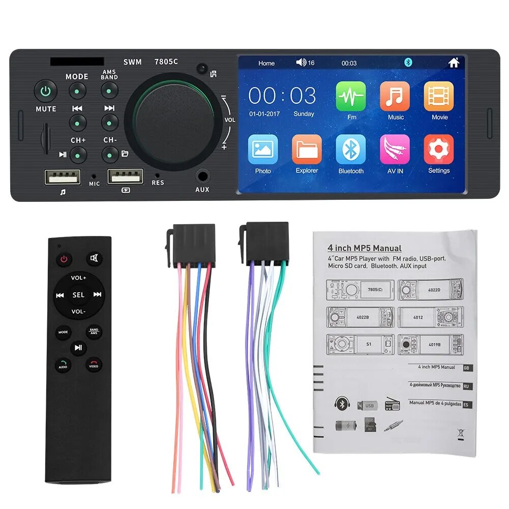1 Din 4Inch Car Radio Touch Screen Bluetooth Music Handsfree MP5 Player TF USB Charging Remote Audio System ISO Head Unit 7805C