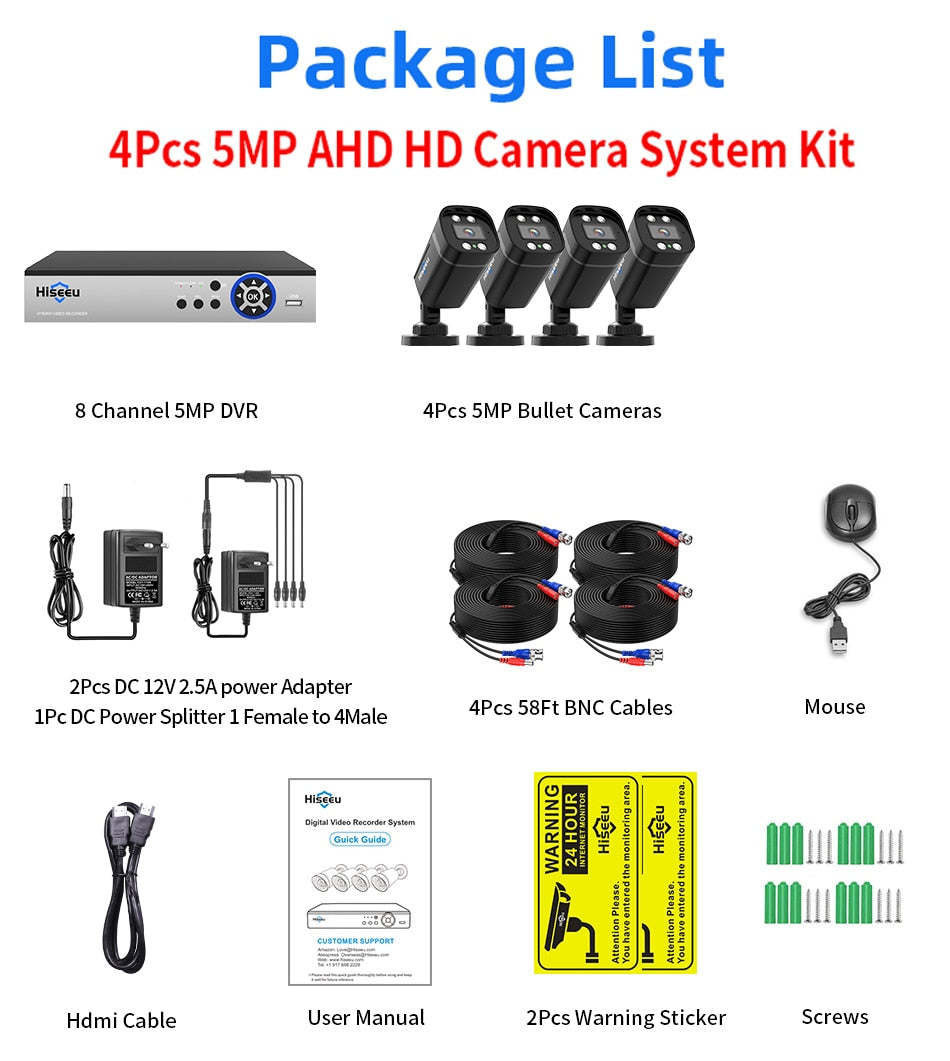 Hiseeu 8CH CCTV Camera Security System Kits 5MP AHD Surveillance Cameras DVR Set Face Detect Infrared Night Vision XMEye Pro