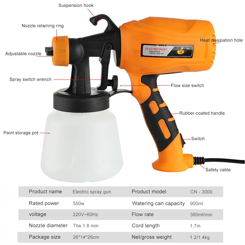 Powerful Electric Spray Gun 550W 900ml Household Paint Sprayer Flow Control Easy Spraying Tool