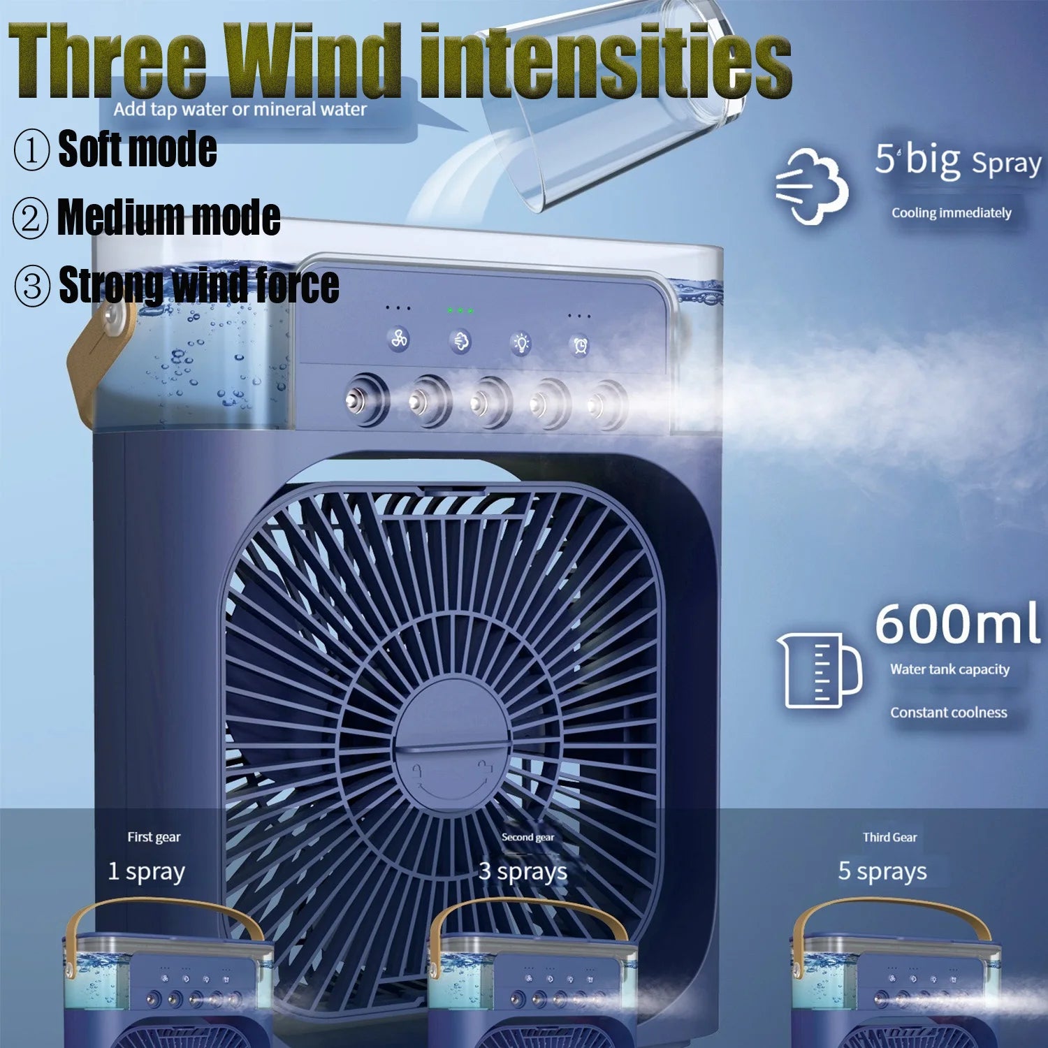 Electric Fan,Portable USB Mini Air Conditioner Timing 3 Speeds Setting,Cooler Wind Spray Wide Angled Adjust with 600ml Capacity