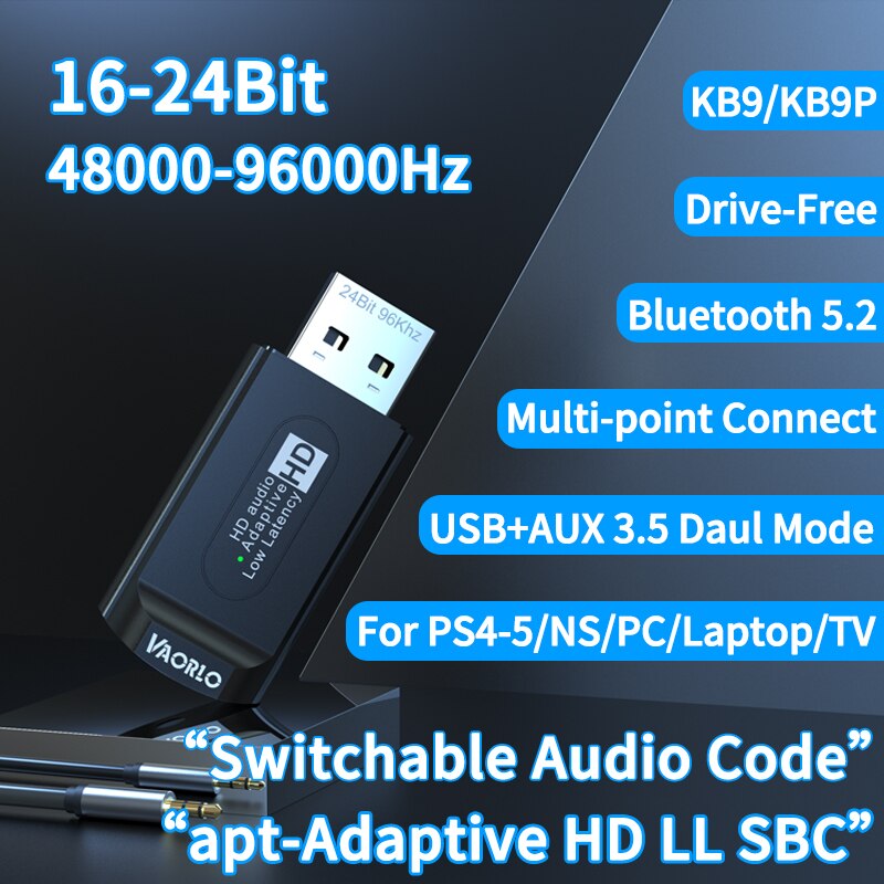 KB9P 24Bit Bluetooth 5.2 Audio Transmitter AUX+USB apt-Adaptive/LL/HD Multipoint Wireless Adapter For TV Laptop PC Switch PS4/5