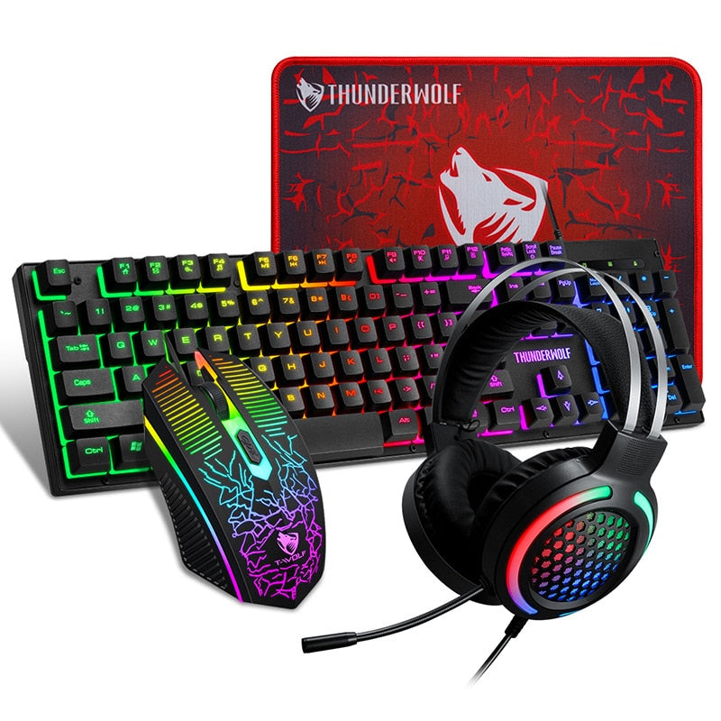 Thunderwolf TF400 Game Four-piece Luminous Game Set Keyboard Mouse Headset RGB Mouse and Keyboard Computer Accessories