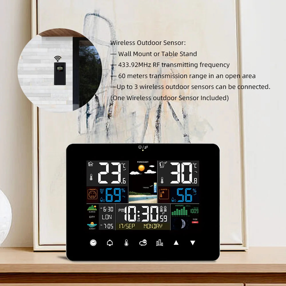 Multifunction Weather Station Alarm Clock Thermometer Hygrometer Touch Screen Wireless Sensor Sunrise Sunset Hygrothermograph