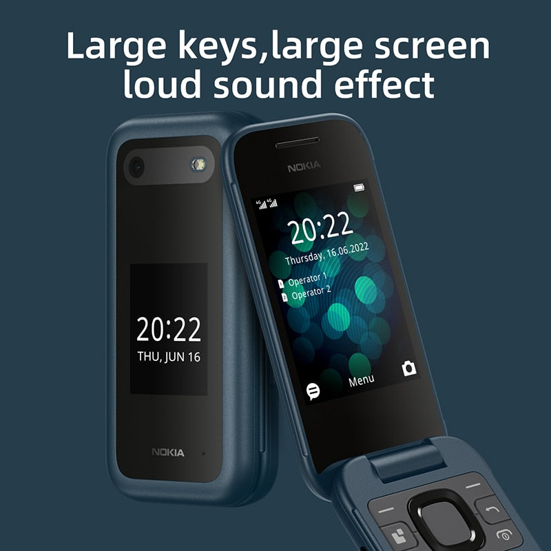 New and Original Nokia 2660 4G Feature Flip Phone 2.8" Display Bluetooth FM Radio 1450mAh Dual SIM Rugged Push-button Telephone