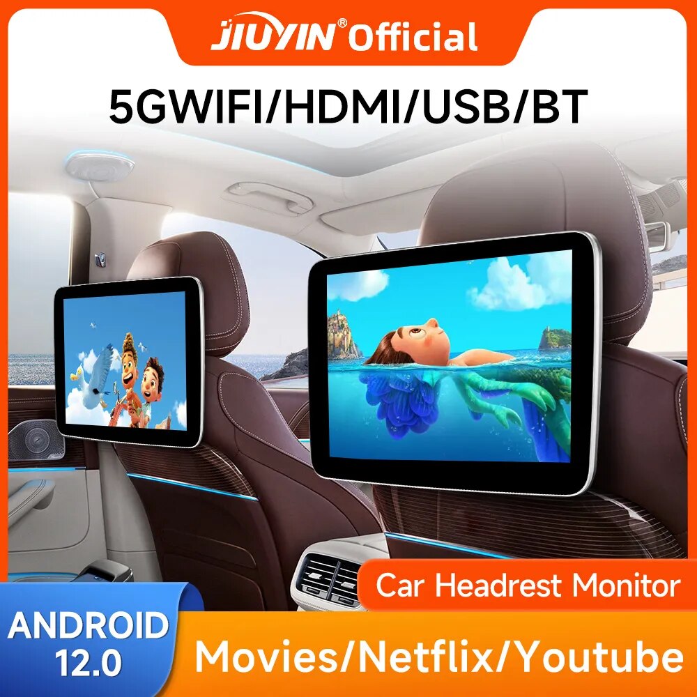 JIUYIN Headrest Monitor Display IPS Android12 Tablet Touch Screen For Car Rear Seat Player Video Music Bluetooth AirPlay HDMI