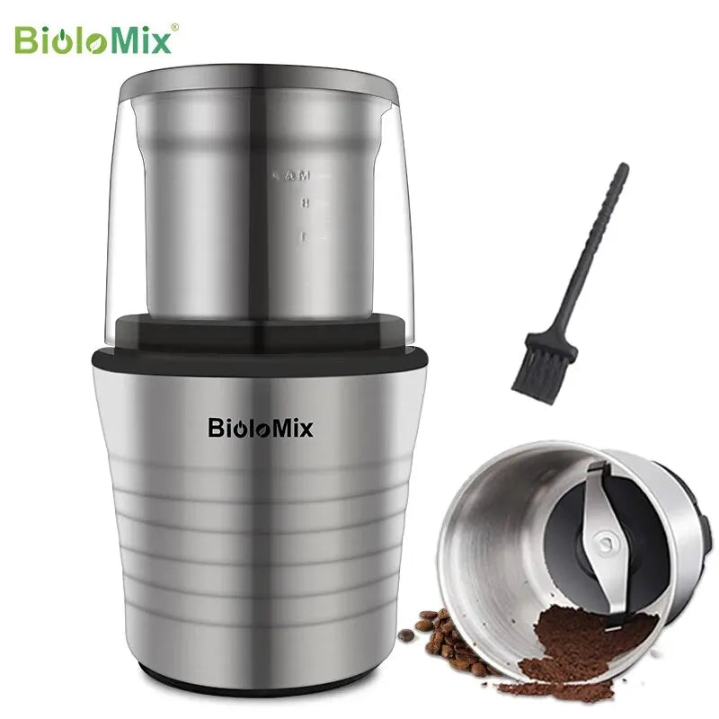 BioloMix 2-in-1 Wet and Dry Double Cups 300W Electric Spices and Coffee Bean Grinder Stainless Steel Body and Miller Blades