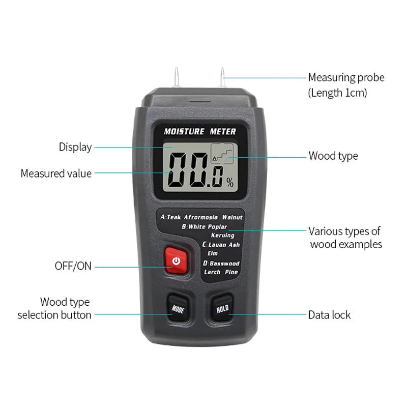 Digital Wood Moisture Meter EMT01 Professional 0~99.9% Timber Hygrometer Portable Tool LCD Display Timber Damp Detector