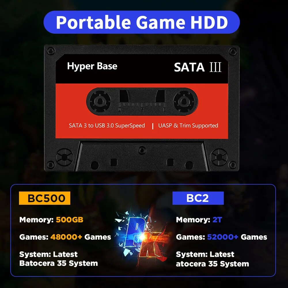 Portable External 2T HDD Batocera 35 Built in 52000+Games For PS3/PS2/Wii/WiiU/DC/N64/MAME/SS Game Console for Windows PC/Laplop