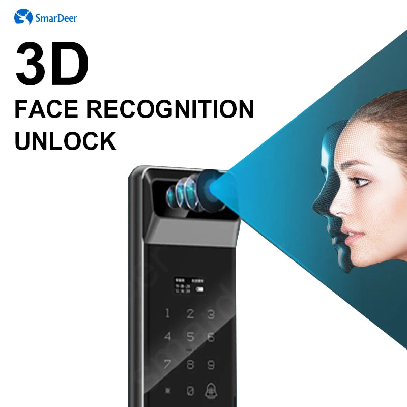 SmarDeer Face Recognition Smart Lock with HD Video Camera,Biometric Fingerprint Lock for Front door with Smart Doorbell,Password