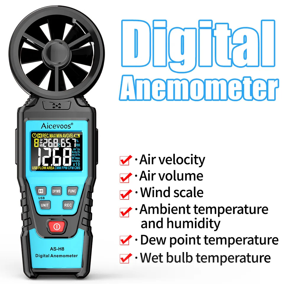 Aicevoos Digital Anemometer Handheld Wind Speed Meter Wind Power Temperature Humidity Measurement Air Volume Tester