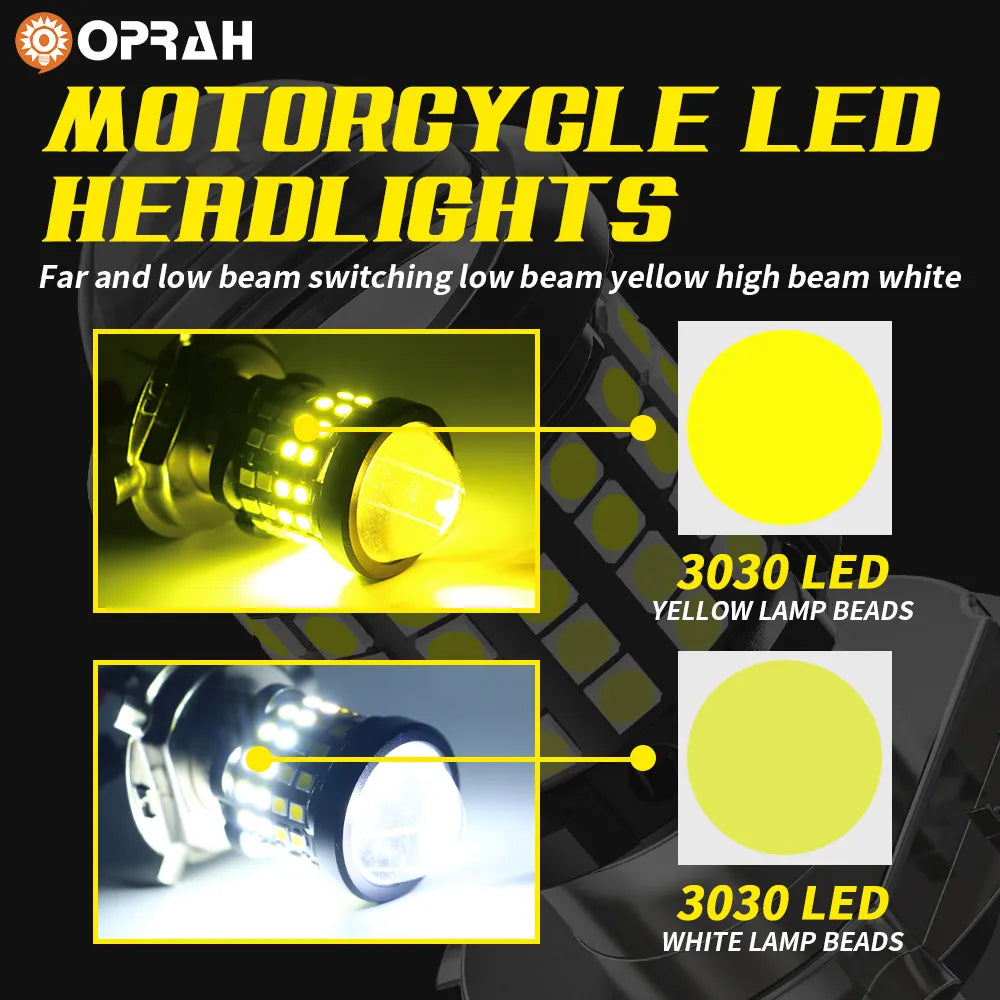 LED Motorcycle Headlight Bulbs H4 H6 BA20D 60SMD 3030&3570 CSP Projector Lens High/Low Beam Motorbike Headlamp White Yellow 12V