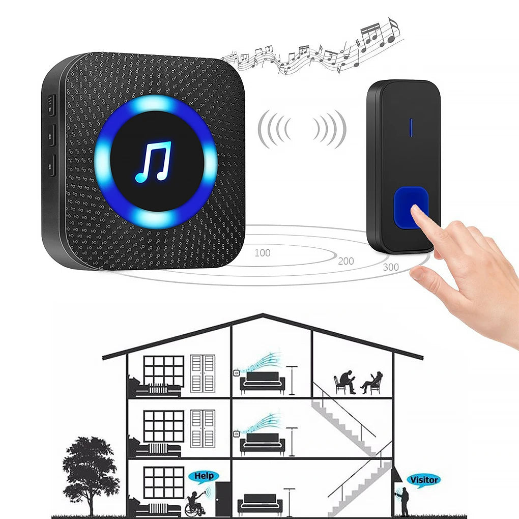 LED Wireless Doorbell Kit Outdoor Waterproof 55 Door Bell Chime 5 Volume Levels Receiver for Home