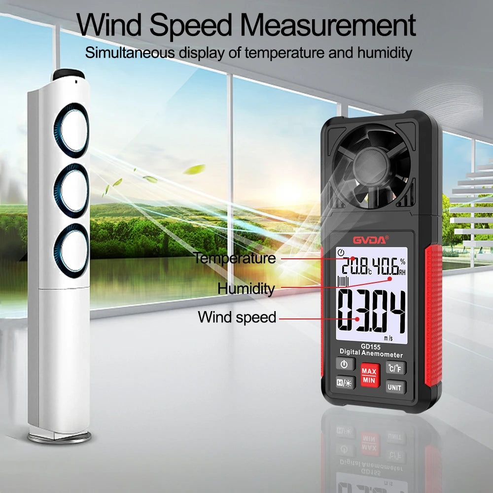 GVDA Digital Anemometer Portable Wind Speed Meter Air Velocity Gauge Windmeter LCD Backlight Display Temperature Humidity Meter