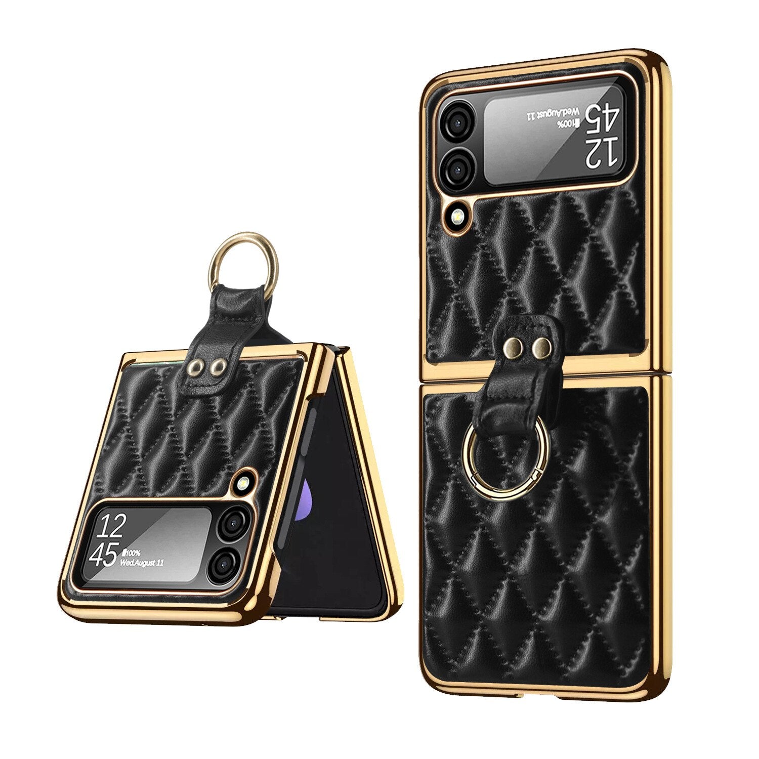 For Samsung Galaxy Z Flip 3 4 Flip4 Flip3 5G Phone Case Plain Folding Phone with Ring Stand Holder Luxury Lattice Leather Cover