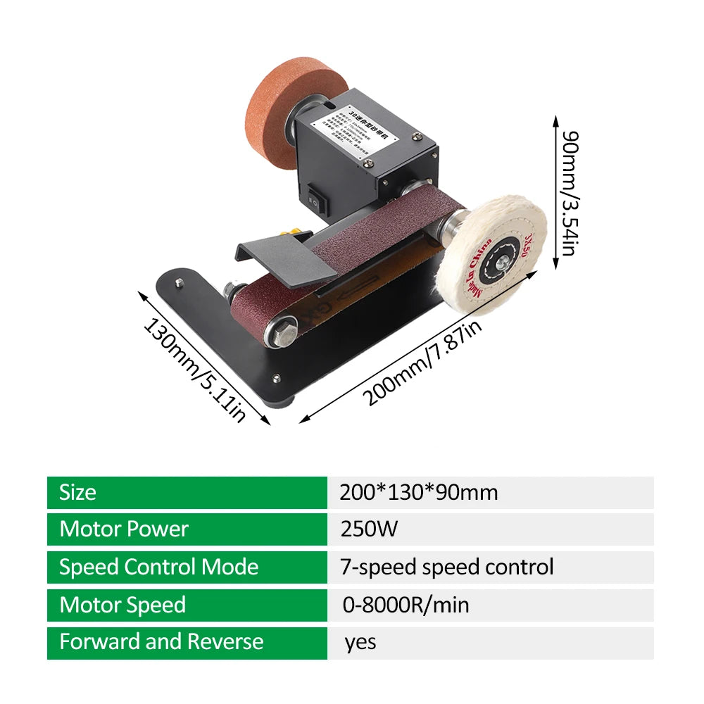 250W Electric Belt Sander Bench Grinder Sanding Machine 7 Speed Adjustable Control Mini Grinder Sharpener Polisher Machine