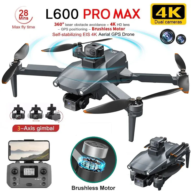 L600 PRO MAX Drone 4K Three-Axis PTZ HD Dual Camera Laser Obstacle Avoidance Brushless Motor GPS 5G WIFI RC FPV Quadcopter Toys