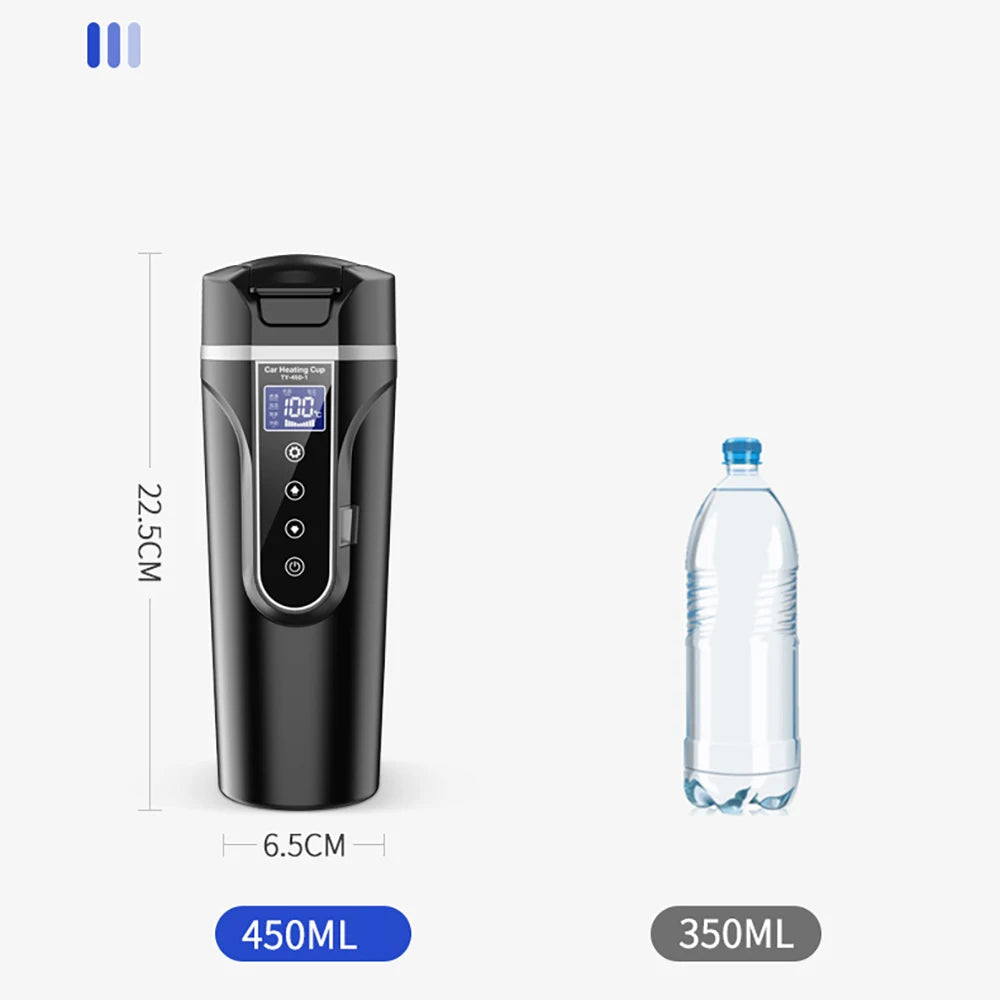 Car Heating Cup 450ML 12V/24V Electric Kettle 304 Stainless Steel Portable Heat Water Bottle Preservation LCD Display Warmer Mug