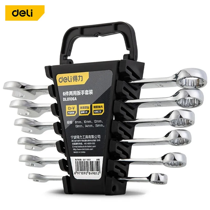 Deli 6 Pcs Ratche Wrench Set Torque Socket Spanner  8-15mm Ratcheting Wrench Spanners Garage For Auto Car Repair Tools