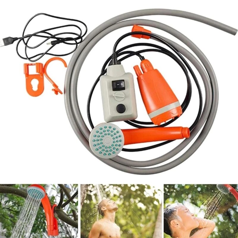 Portable Outdoor Shower, USB Powered, Portable Handheld Rechargeable Camping Showerhead Pumps Water from Bucket