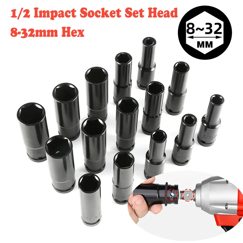 10PCS Impact Socket Set 1/2 Drive Hex 8-24mm Spanner Deep Socket Key Long Pneumatic Wrench Head Mechanical Workshop Tools Garage