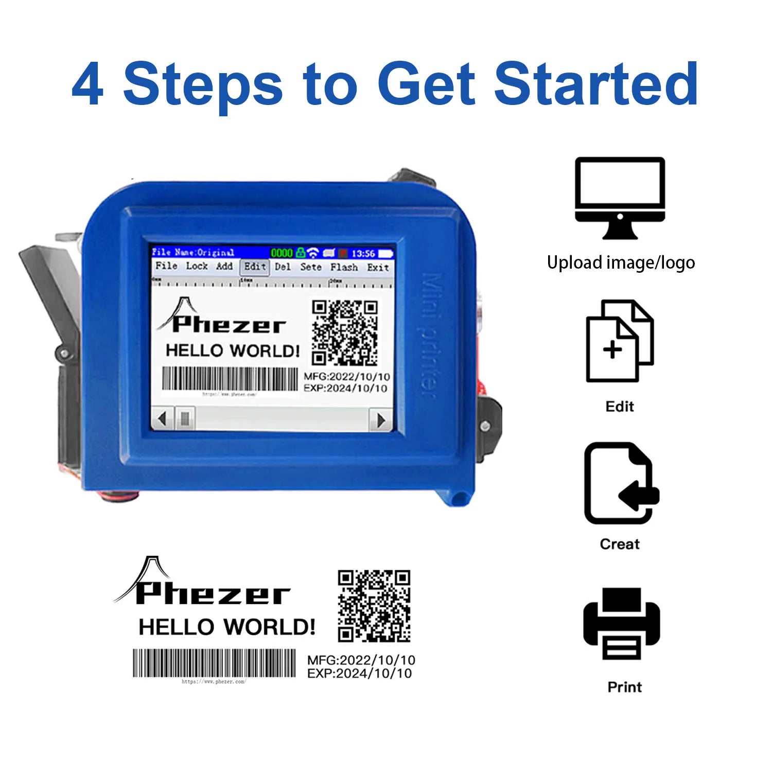 Phezer PC11 Portable Printer QR Bar Batch Code Date Number Logo Expiry Date T-shirts 12.7mm Handheld Inkjet Printer Label Mini