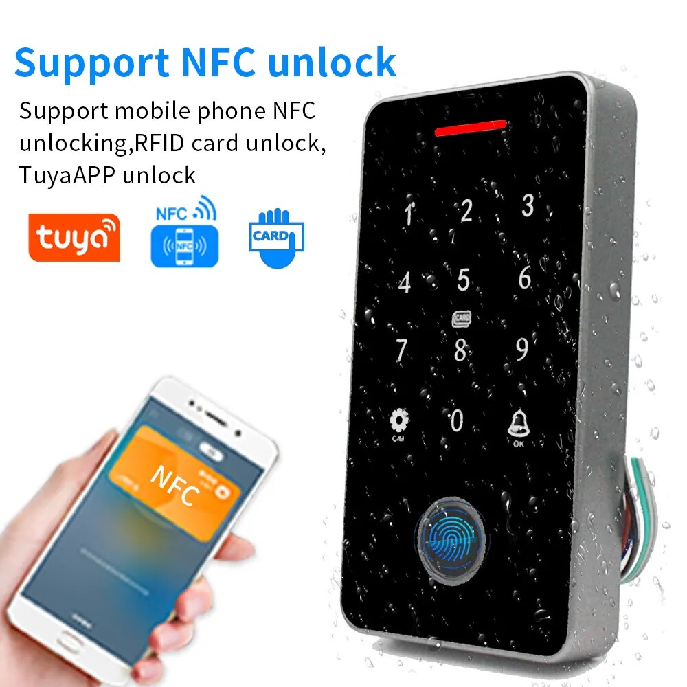 Waterproof NFC Bluetooth Tuya APP Access Control 13.56Mhz RFID Card Biometric Fingerprint Access Control Keypad Door Lock