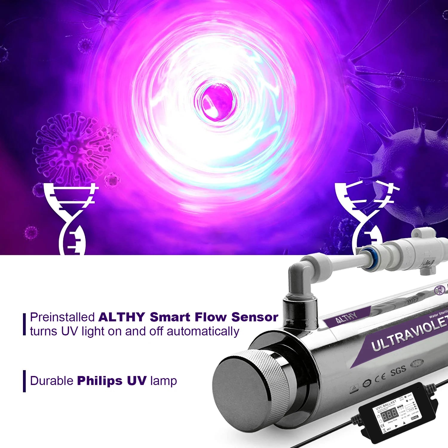 ALTHY UV Ultraviolet Water Sterilizer Purifier System Disinfection Filter Lamp + Flow Switch Control Stainless Steel 1GPM