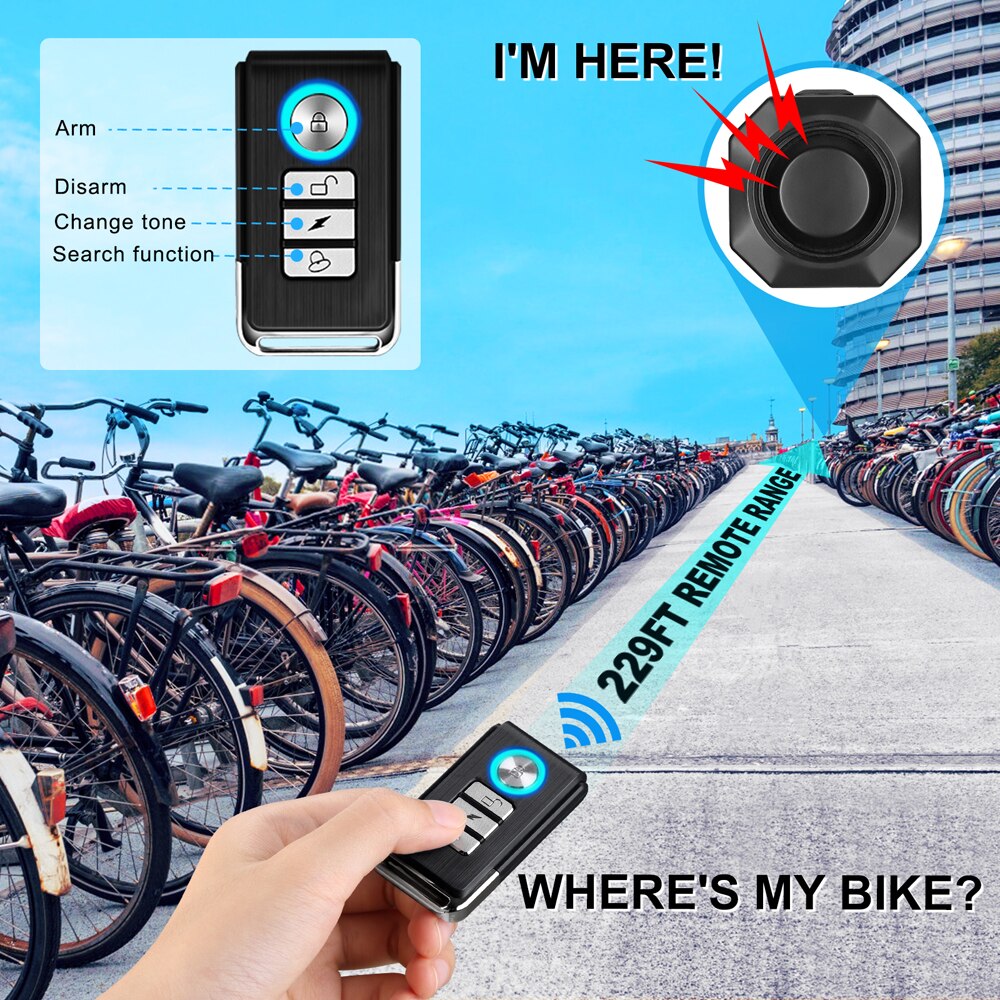 WSDCAM Bike Alarm Wireless Waterproof Bicycle Vibration Alarm USB Charging Remote Control Motorcycle Alarm Security Protection