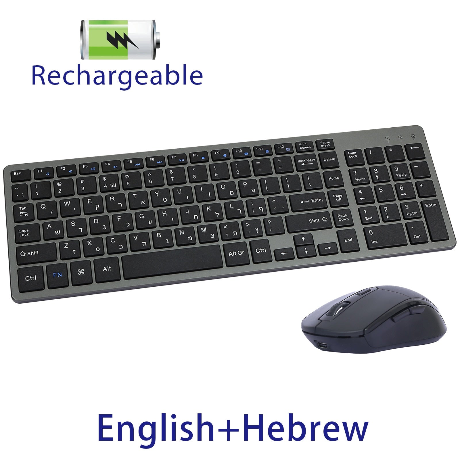 Rechargeable Keyboard and Mouse Combo Russian Hebrew Wireless Compact Slim Silent Keyboard Mouse Set for Laptop PC Computer