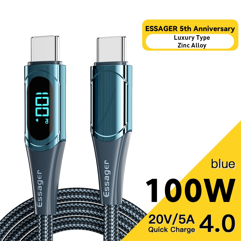 Essager USB Type C To USB C Cable 100W/5A PD Fast Charging Charger Wire Cord For Macbook Xiaomi Samsung Type-C USBC Cable  2M