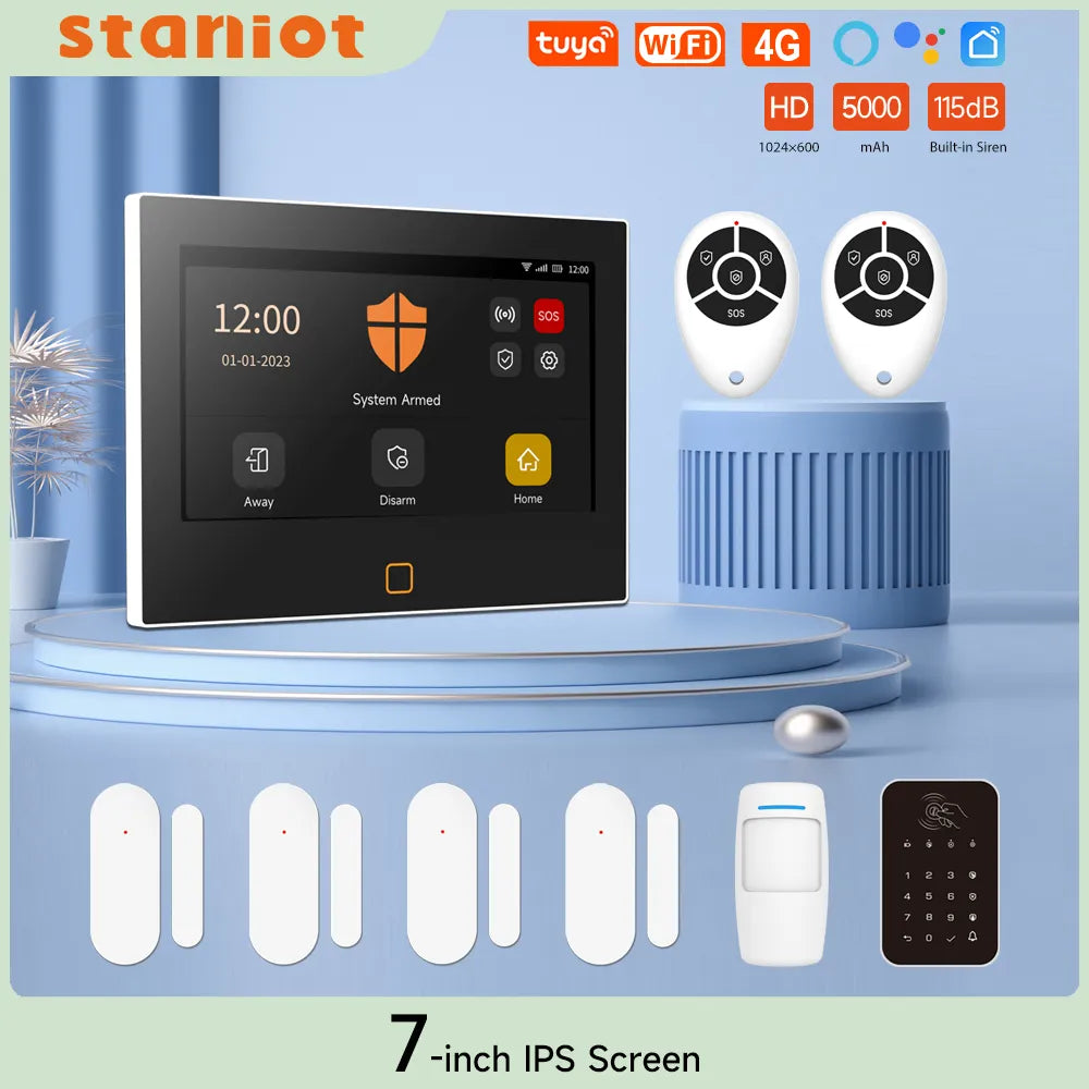 Staniot 7 inch HD Alarm System Wireless WiFi 4G Tuya Smart Home Security Protection Works With Alexa Google APP Remote Control