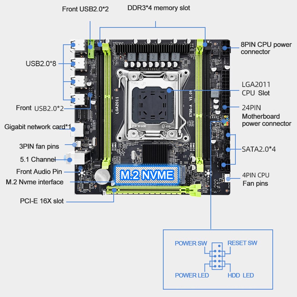 X79G-A Desktop Motherboard M.2 NVME LGA 2011 G-A Motherboard 4 SATA 2.0 Ports 5.1 Channels Sound Card 4 Channel DDR3 Memory 128G