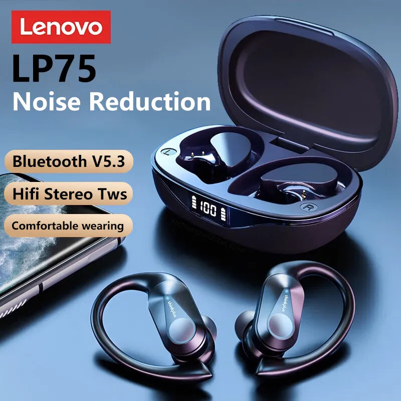 2/4/6/8PCS Original Lenovo LP75 Wireless Sports Bluetooth Headphones EarHook Noise Reduction Waterproof Gaming Earphone with Mic