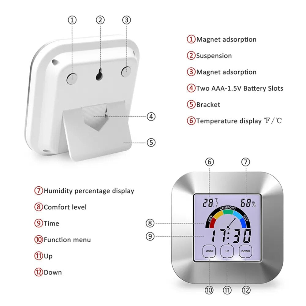 LCD Touch Screen Electronic Digital Temperature Humidity Meter Indoor Outdoor Thermometer Hygrometer Weather Station Clock