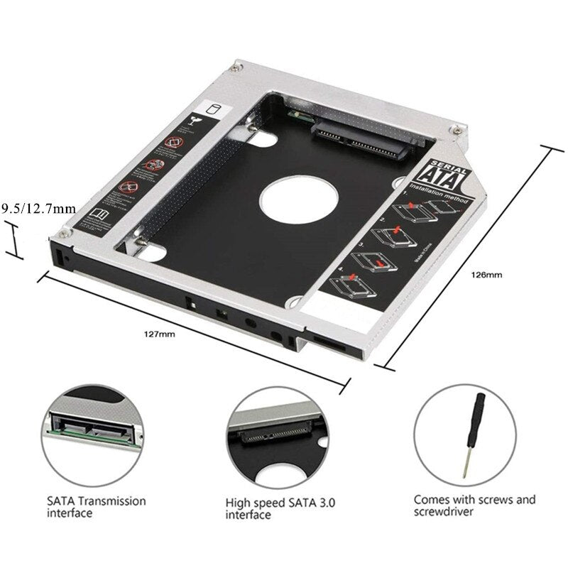 Aluminum SATA 3.0 2nd HDD Caddy 9.5mm SSD CD DVD Case HDD Enclosure for Apple Macbook Pro Air 13/15/17" SuperDrive Optibay